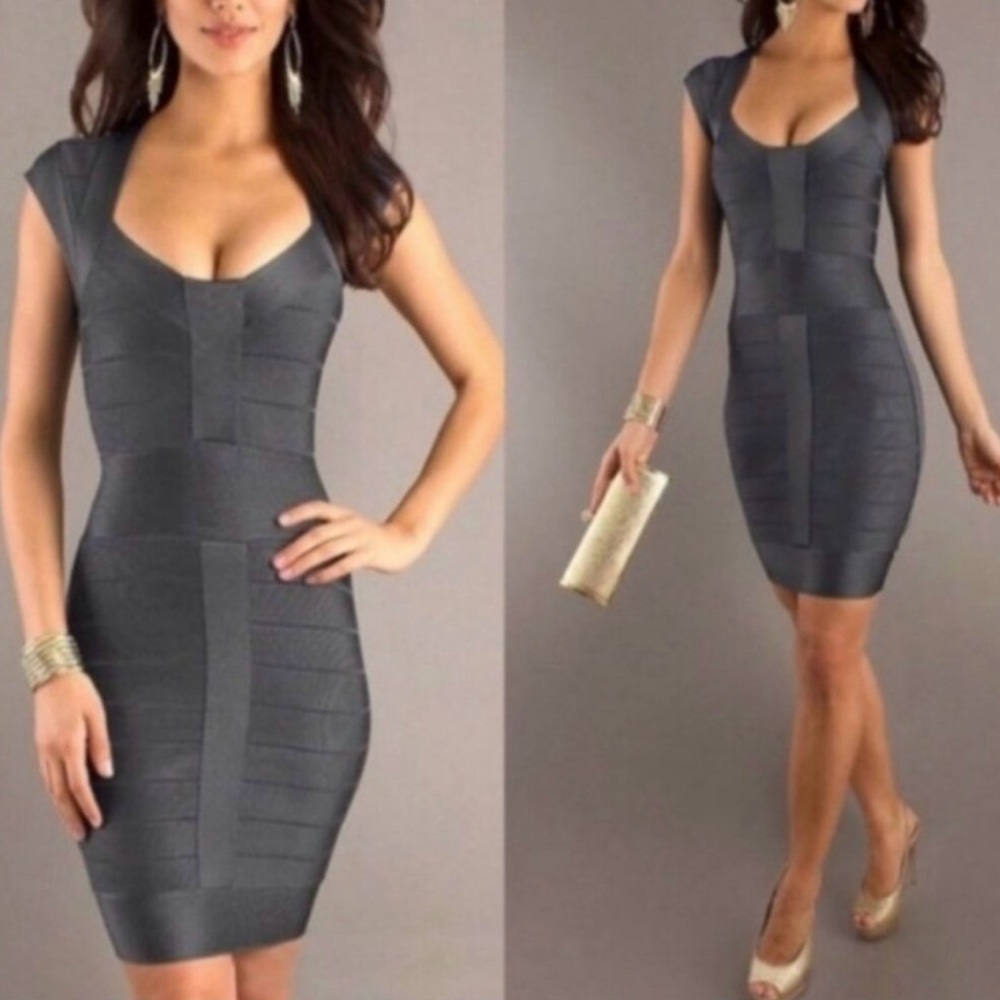 French Connection Spotlight Knit Cap Sleeve Bandage Bodycon Dress Gray 6 NWT